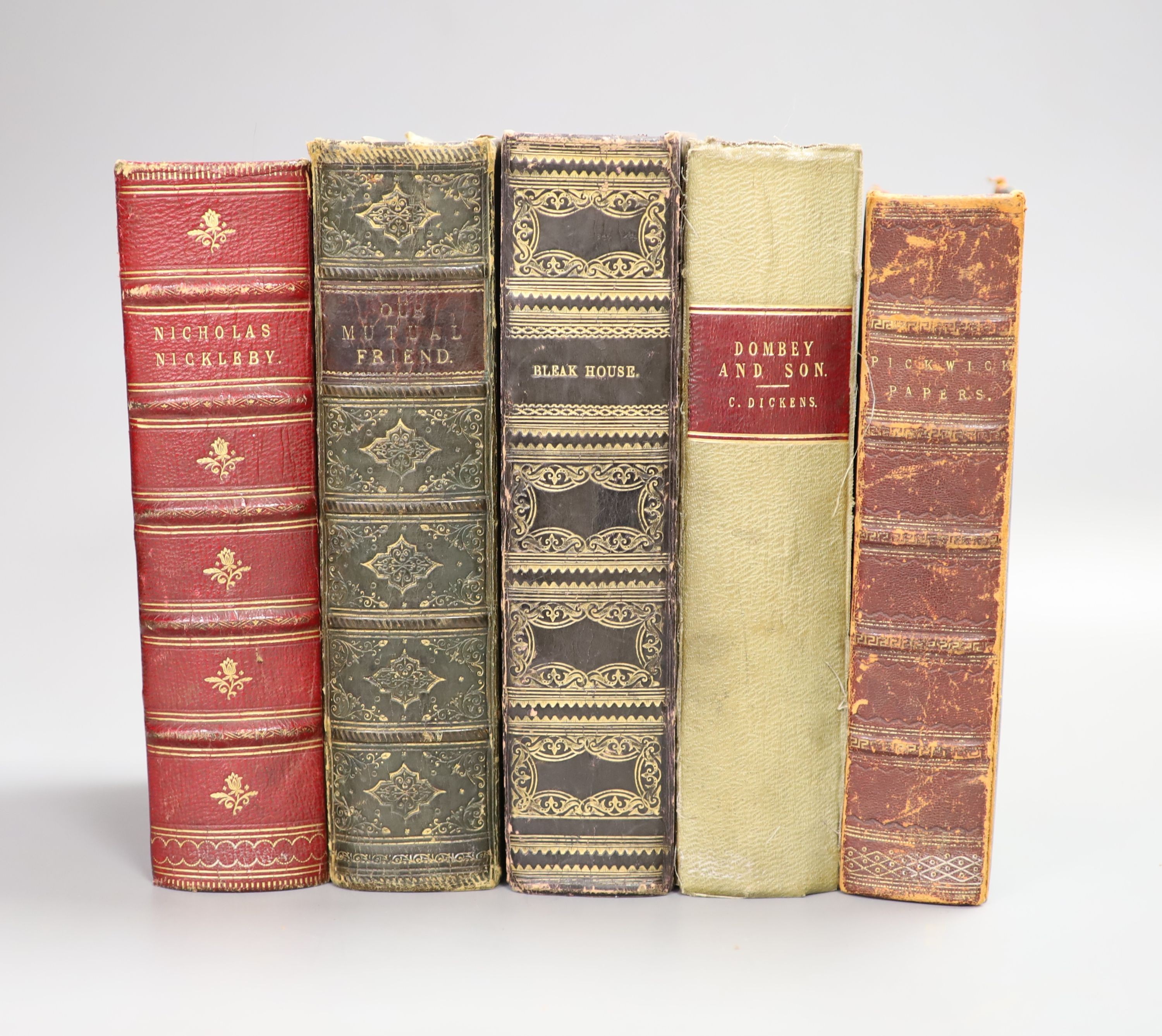 Dickens, Charles. Five Novels - first / early editions, viz, Bleak House, Dombey and Son, Nicholas Nickleby, Our Mutual Friend, Pickwick Papers, half leather bindings (Dombey binder's cloth), most plates present (but sta